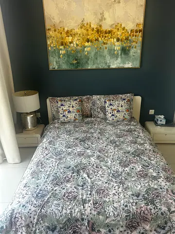 Queen bed set with mattress and bedside tables  - used, good condition. Has a few scratches.