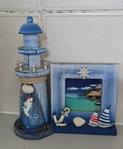 Blue Wooden Lighthouse and Nautical Photo Frame Decor