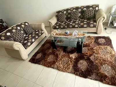 Sofa set with Glass center table and Brown shaggy area rug - good condition