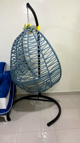 Blue Rattan Hanging Egg Chair with Stand - Good Condition