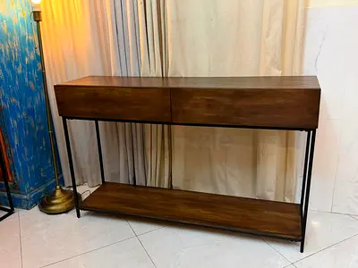West Elm Wooden Console Table with Lower Shelf and Metal Legs