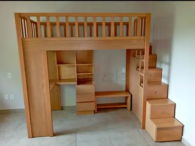 Solid Wood Loft Bed with Built-in Desk, Shelves and Stair Drawers