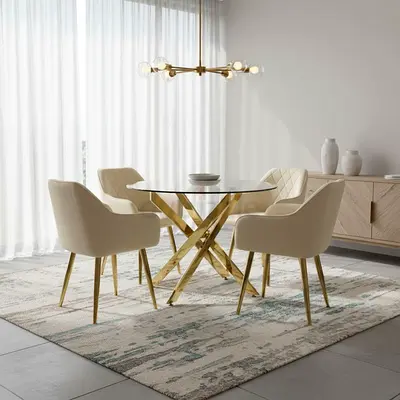 4 Seater Glass Dining Table Set – Davos Gold Round with Leon Cream Chairs
