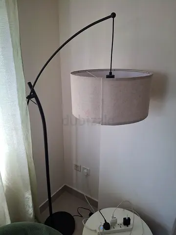 Large curved arc floor lamp with fabric drum shade