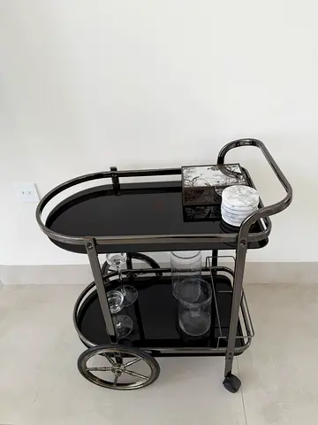 Metal and Glass Beverage Bar Trolley with Wheels in Black colour