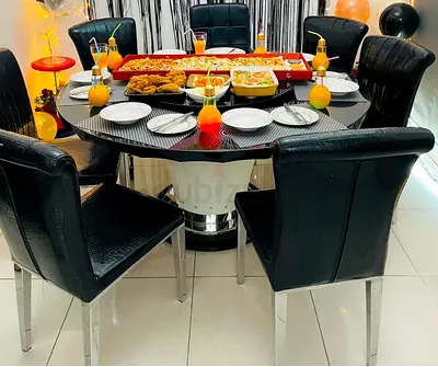 Black Revolving Dining Table with 6 Upholstered Chairs - Modern Set