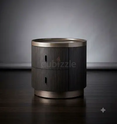 Round Wooden Nightstand with Two Drawers - Dark Finish