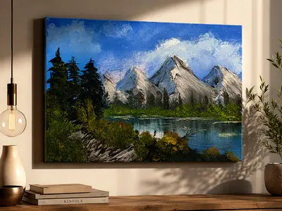 Small Landscape Oil Painting on Canvas — Mountains and Lake , varnished when order is placed
