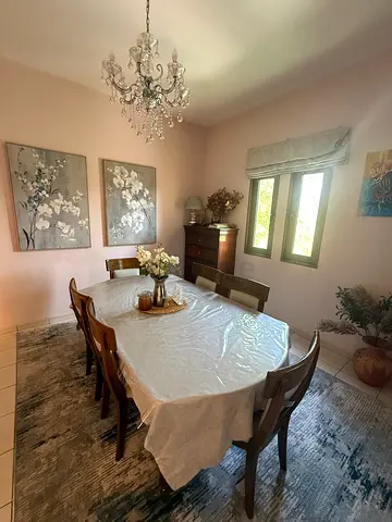 Classic wooden dining table with 6 chairs and chandelier set