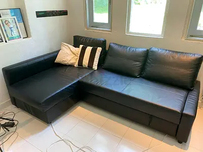 Black L-shaped Faux Leather Sofa - Good Condition