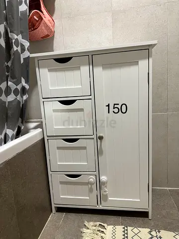 White Wooden Bathroom Storage Cabinet with 3 Drawers and Cupboard