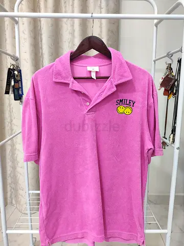 Pink Smiley Terry Cloth Polo Shirt - Casual Unisex Fit
