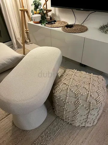 Cream Bouclé Bench Table and Textured Pouf