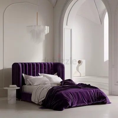 Modern Purple Velvet Upholstered Bed Frame with Fluted Headboard