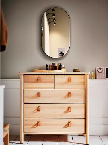 Solid Light Wood 4-Drawer Dresser with Leather Pulls