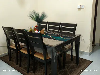 6-Seater Malaysian Wood Dining Table with Matching Mat and with Laminated Chairs - Dark Finish