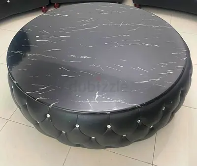 Round Black Marble-Top Ottoman Coffee Table with Diamond Tufted Base