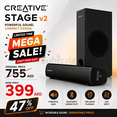Creative Stage V2
2.1 Soundbar and Subwoofer with Clear Dialog and Surround by Sound Blaster for TV