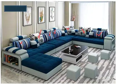 Large Modern U-Shaped Sectional Sofa in Blue and Light Grey
