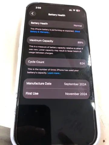 iPhone 16 pro 256 gb  — Battery Health 89%, 624 cycles, black color