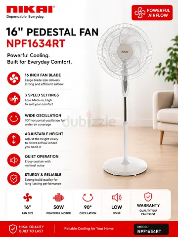 Nikai 16 Pedestal Fan NPF1634RT - Adjustable Height, 3-Speed, Quiet Operation