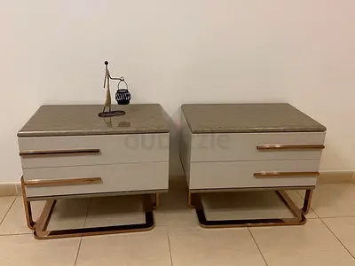 Matching Bedside Tables (Pair) – Beige Lacquer, Gold Legs
