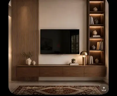 Wall-mounted TV unit with built-in shelving and wooden cabinets