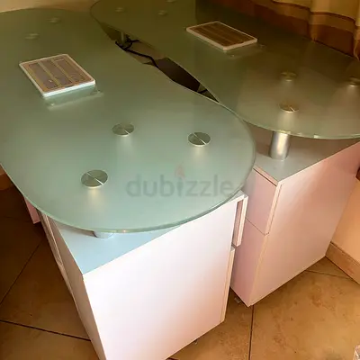 Pair of white salon/manicure tables with frosted glass tops