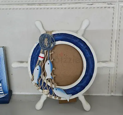 Nautical Wooden Ship Wheel Photo Frame with Fish Decor