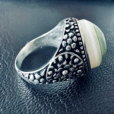 Natural Green Eye Agate Sulemani Aqeeq Silver Ring