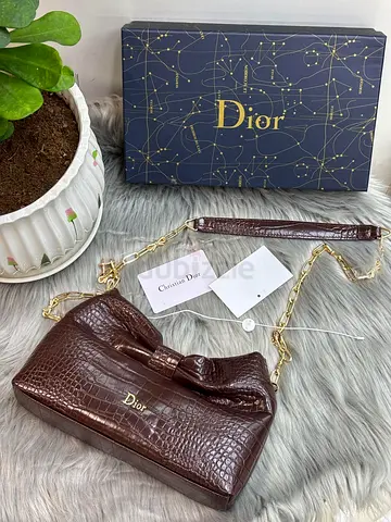 Christian Dior Brown Croc-Embossed Chain Shoulder Bag with Box