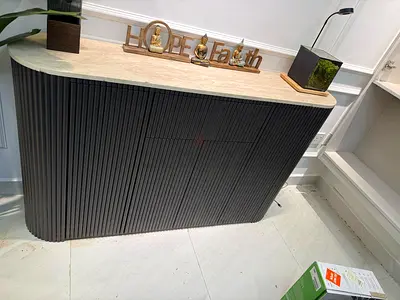 Modern Ribbed Console Cabinet with Marble Top - Dark Grey