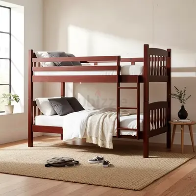 Solid Wood Double Bunk Bed - Sturdy Cherry Finish