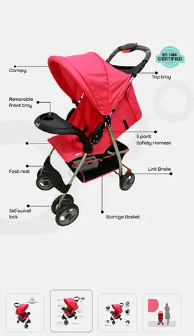 Easy One Hand Fold Stroller, Multi-Postion
Reclining Seat For Infant- Pink