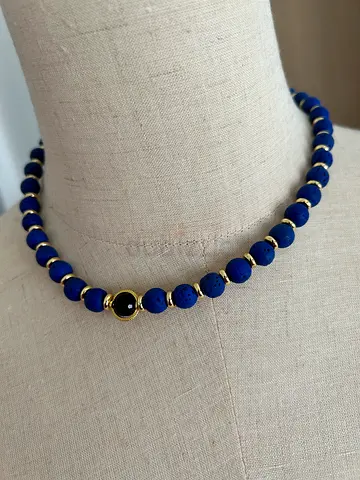 Blue lava necklace with gold-tone accents - new