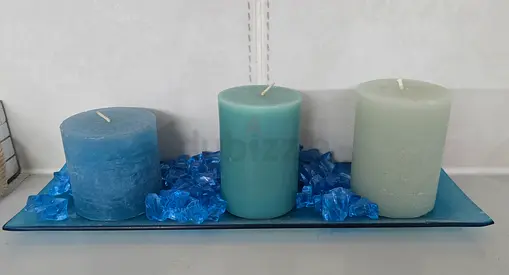 Set of 3 Decorative Blue Pillar Candles on Glass Tray