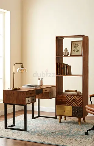 Minimalist wooden computer desk with strong metal legs, ample workspace, and storage drawers for eve