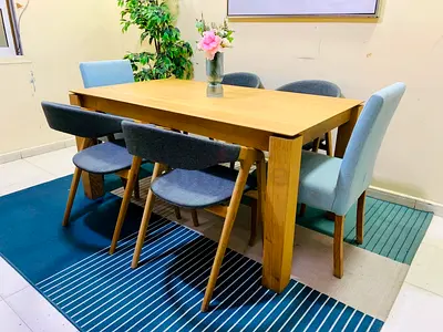 Solid Wood 6-Seater Dining Table with Mixed Fabric Chairs