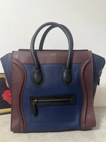 Celine-style tricolor luggage tote in navy, burgundy and black.-All real leather