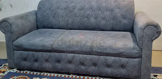 7-Seater Grey Fabric Sofa with Button-Tufted Back