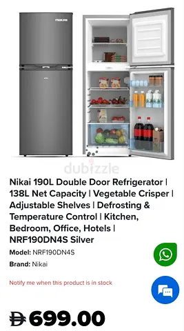 Nikai 190L Double Door Refrigerator - Silver, Good Working Condition