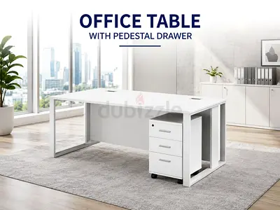 White Office Table with Pedestal Drawer – Modern Executive Office Desk