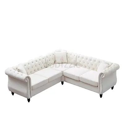 New White Chesterfield L-shaped 4-Seater Sofa, Left Corner