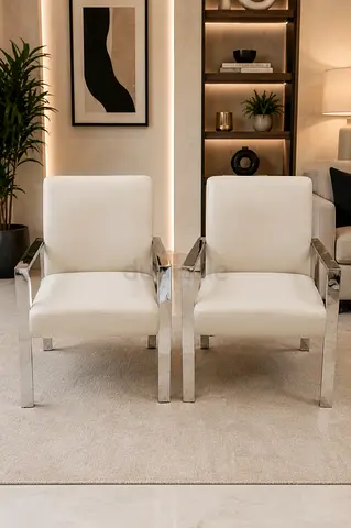 West Elm Pair of Modern genuine leather Armchairs with Chrome Frame