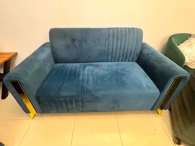 Blue Velvet Sofa with Gold Legs - Good Condition