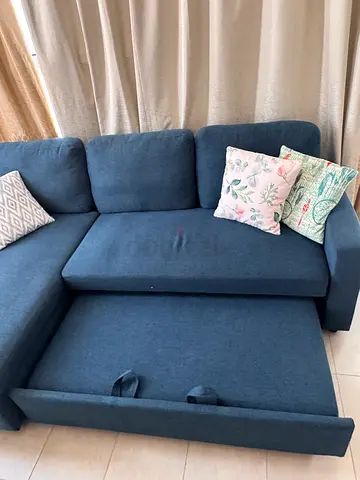 Blue fabric 3-seater sofa with pull-out bed/storage, great condition. In give away price.