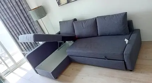 Grey L-shaped Storage Sofa Bed — Compact , Good Condition