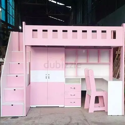 Pink Bunk Bed with Built-in Wardrobe, Desk, Drawers and Stair Storage