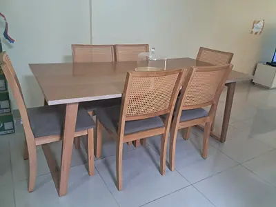 Wooden 6-Seater Dining Table with Rattan-Back Chairs