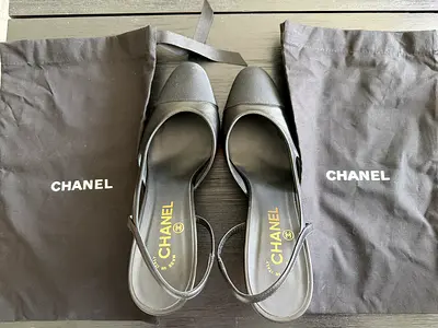 Chanel black slingback flats with original dust bags, size marked 41